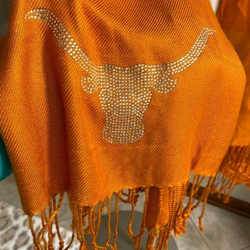 NWT PASHMINA SILK Orange wrap scarf shawl fringed bull’s head rhinestone O/S